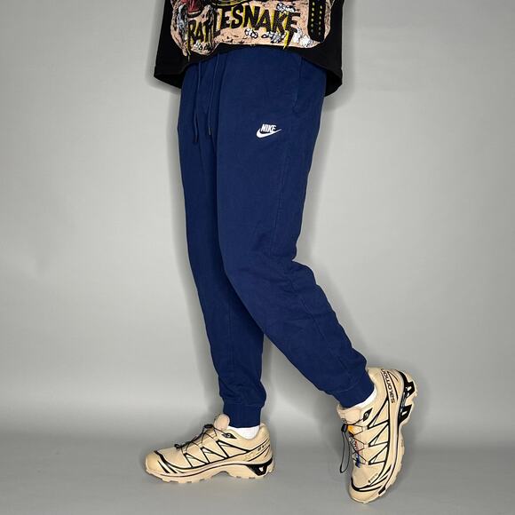 Nike Sweatpants Navy Blue Cotton Joggers White Swoosh - Picture 1 of 4